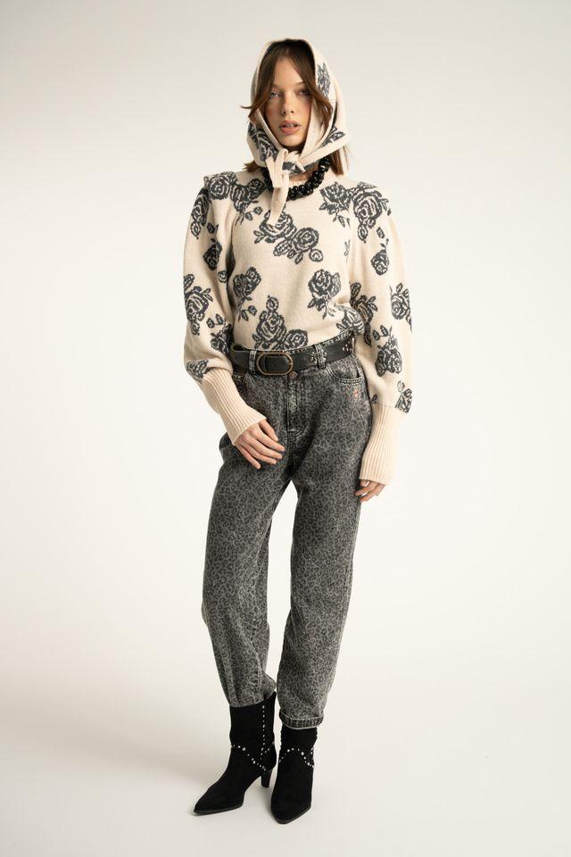 trousers washed black denim w animal print - 2