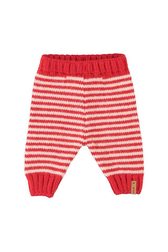 knitted baby leggings ecru & red stripes