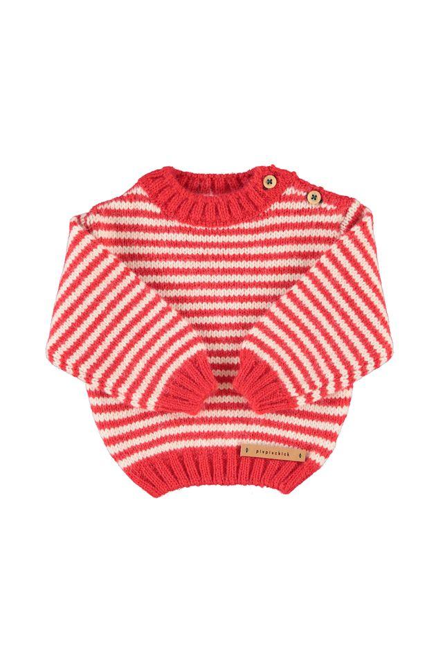 knitted sweater ecru & red stripes