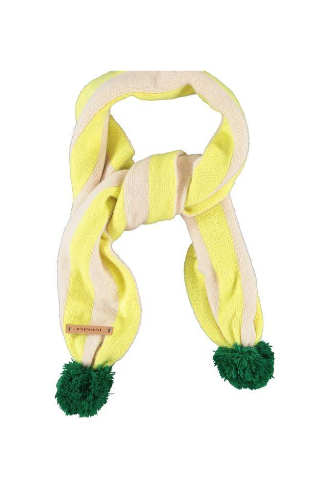 Knitted pompom scarf lime & ecru stripes