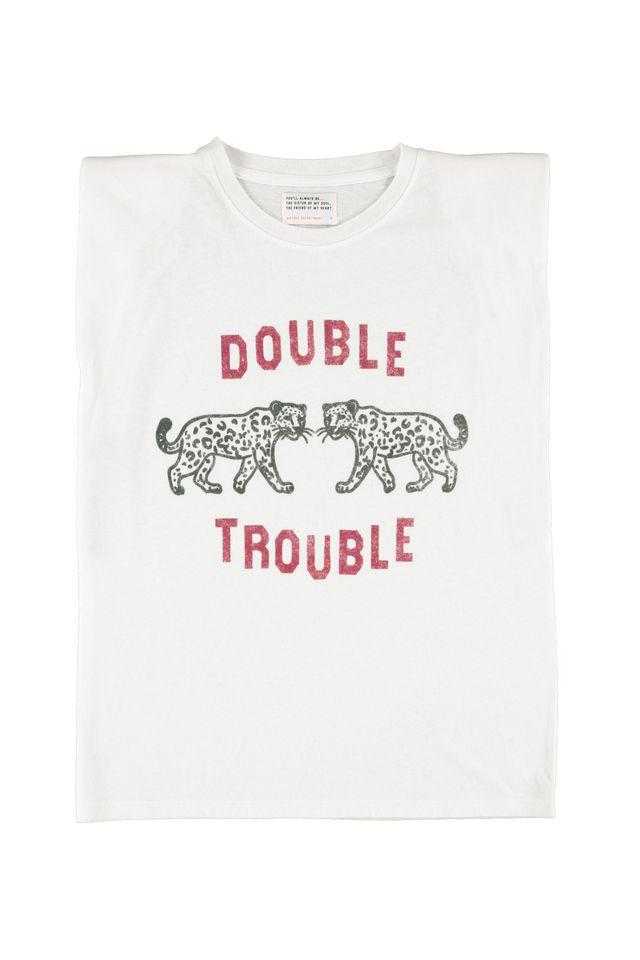 sleeveless Tshirt w shoulder pads ecru w `double trouble` print