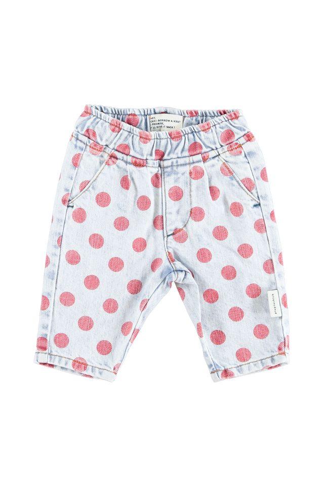 trousers light blue denim w red dots