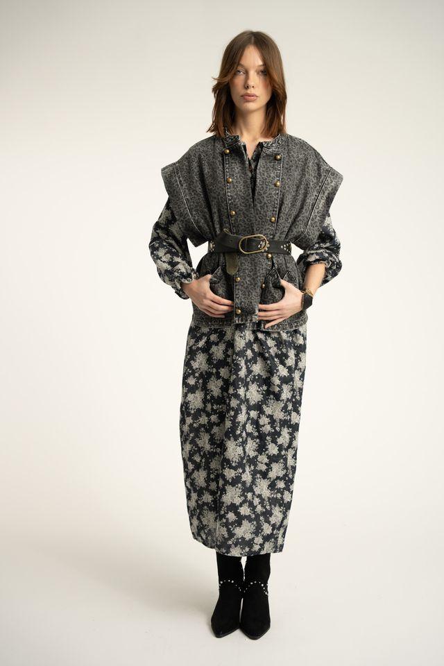 waistcoat washed black denim w animal print - 1