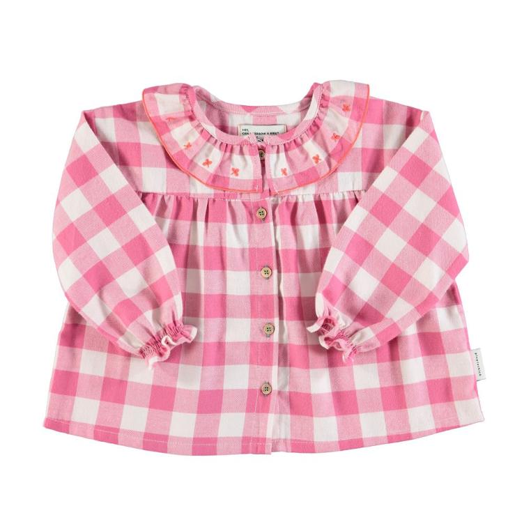 Blouse w embroidered collar checkered pink