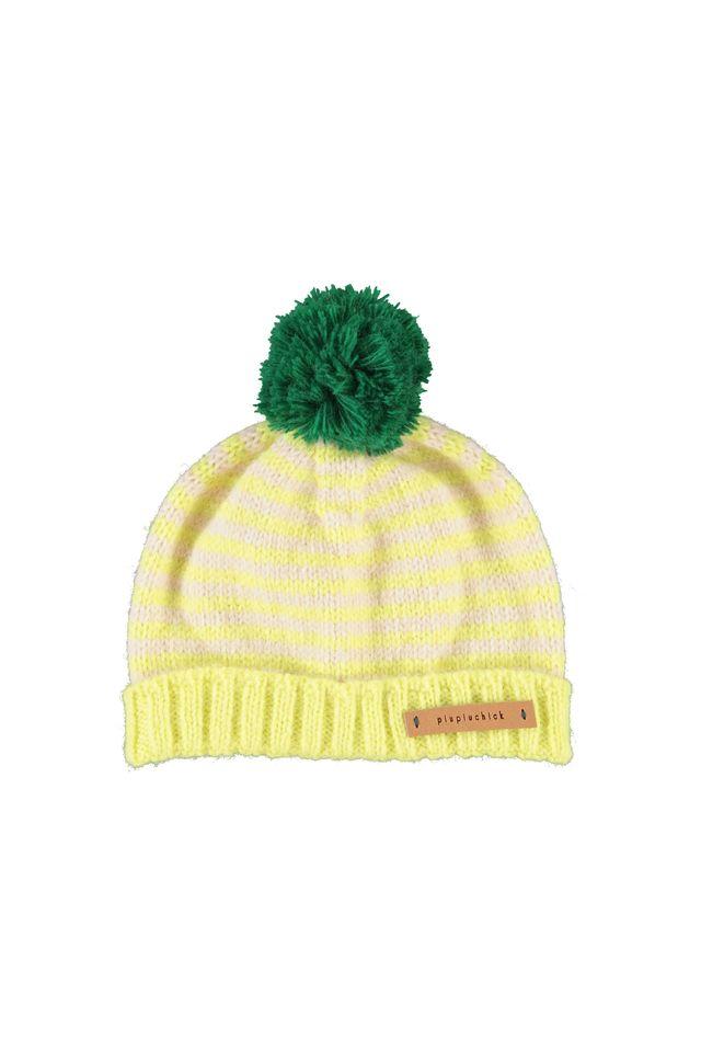 knitted hat w pompon lime & ecru stripes