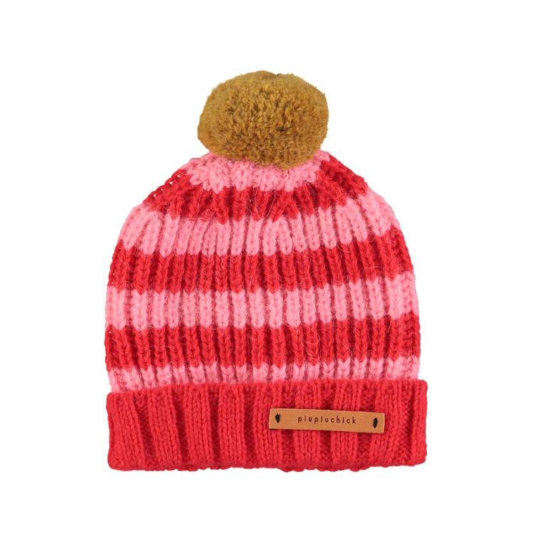knitted hat w pompon red & pink stripes