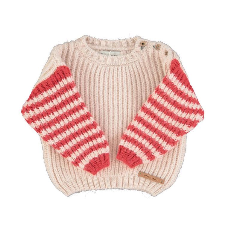 knitted sweater ecru & red stripes