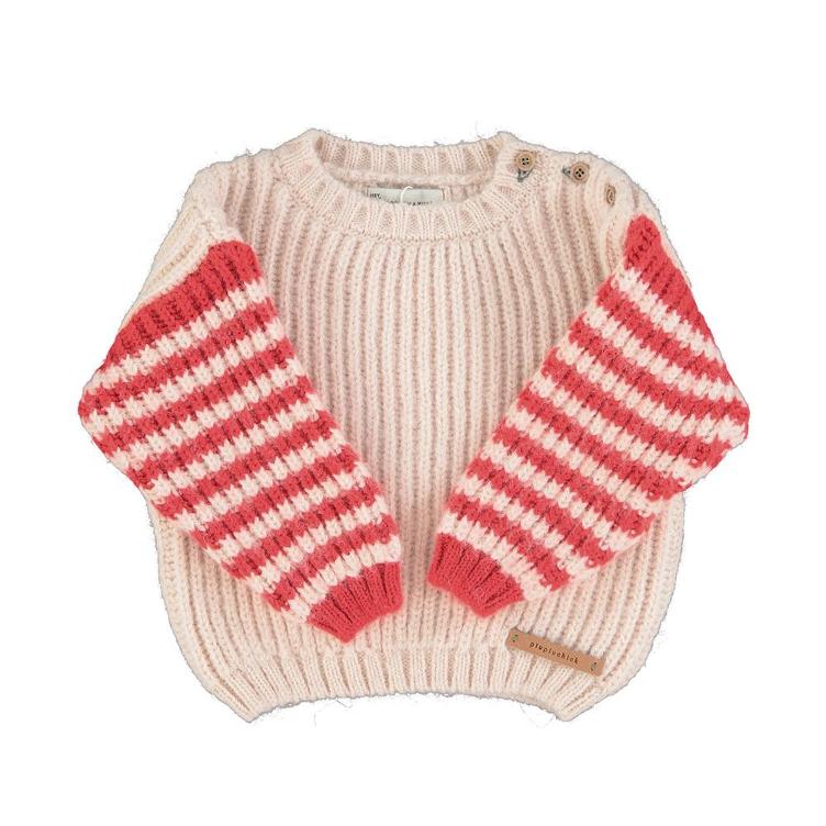 Knitted sweater ecru & red stripes