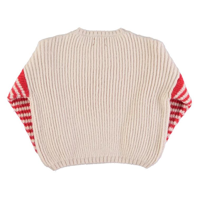 Knitted sweater ecru & red stripes - 0
