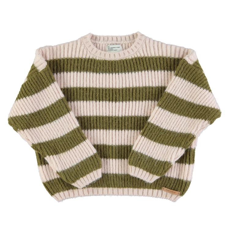 Knitted sweater green & ecru stripes