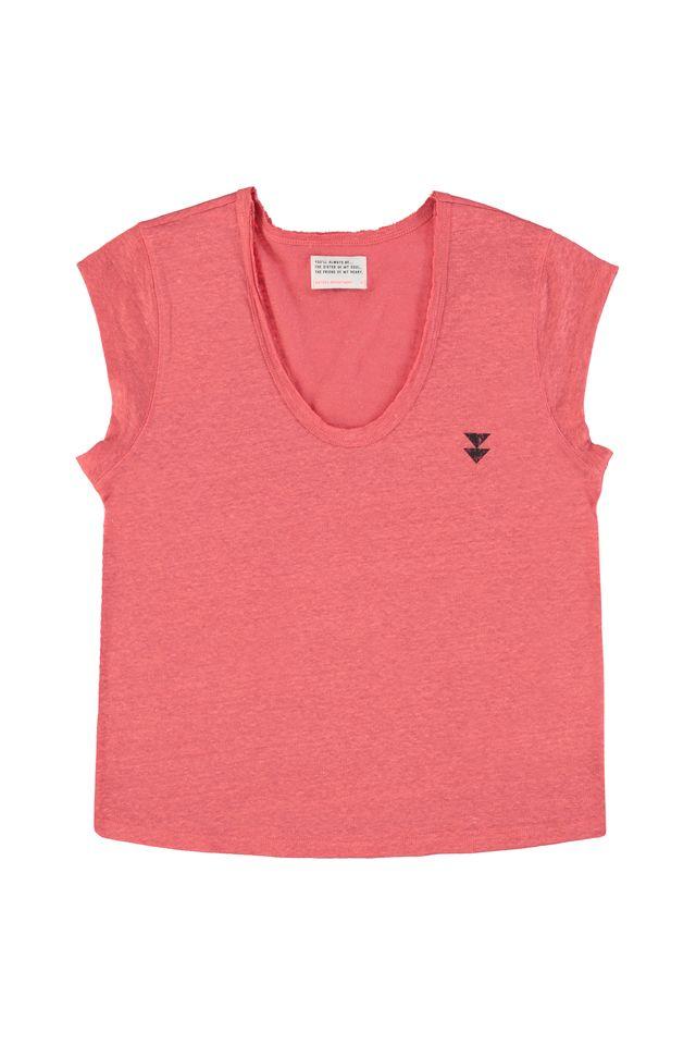 short sleeve t-shirt deep round neck coral linen