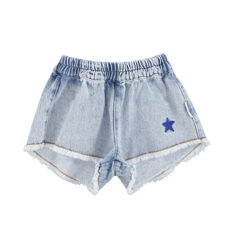 shorts w fringes washed blue denim