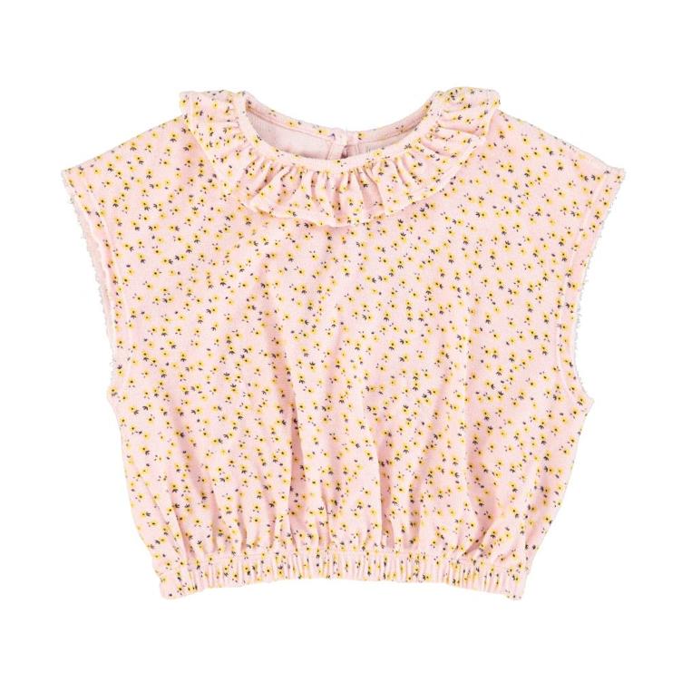 sleeveless blouse collar light pink w yellow flowers