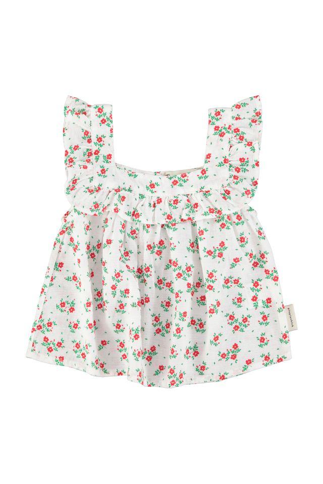 Sleeveless blouse ecr w red flowers allover