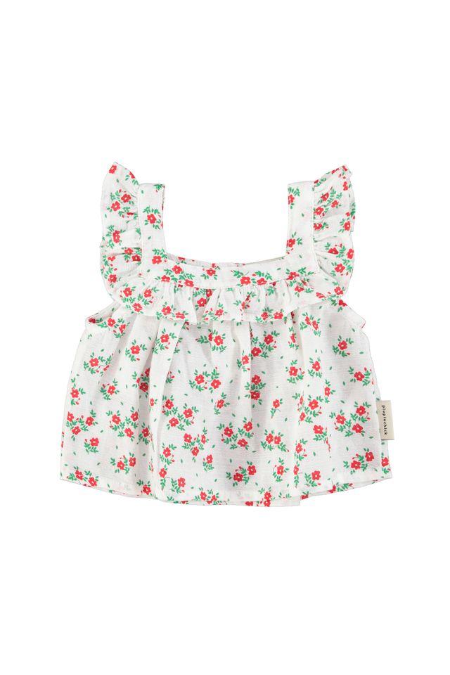 sleeveless blouse ecru w red flowers allover