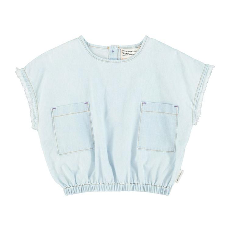 Sleeveless blouse w fringes light blue chambray