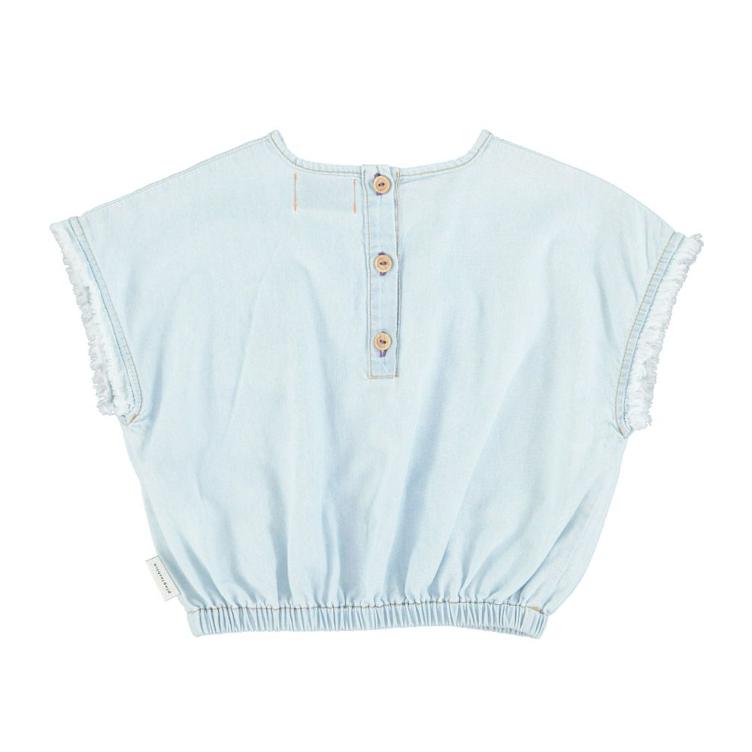 Sleeveless blouse w fringes light blue chambray - 0
