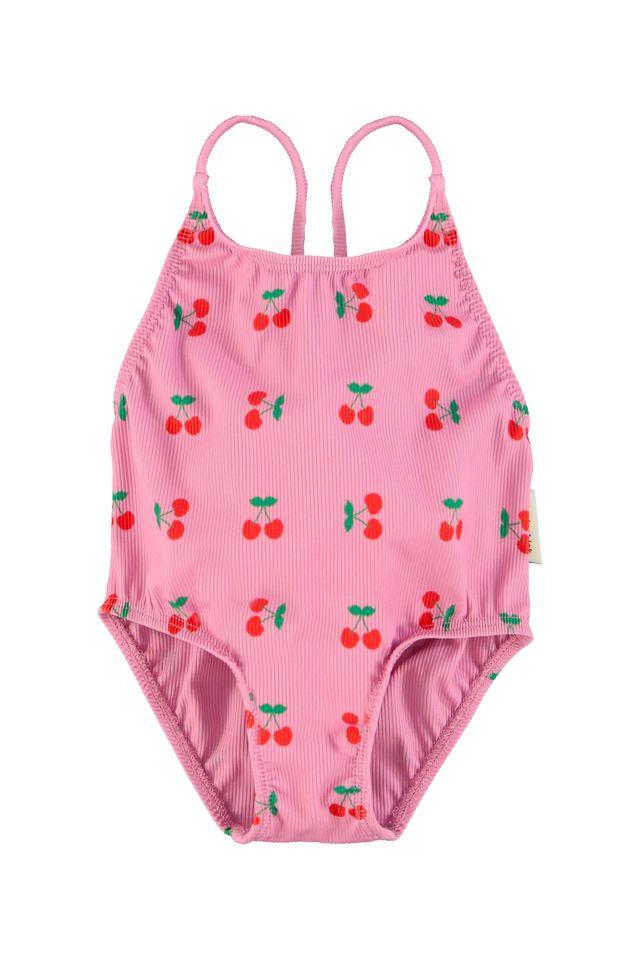 swimsuit w crossed strapes / pink w cherries allover