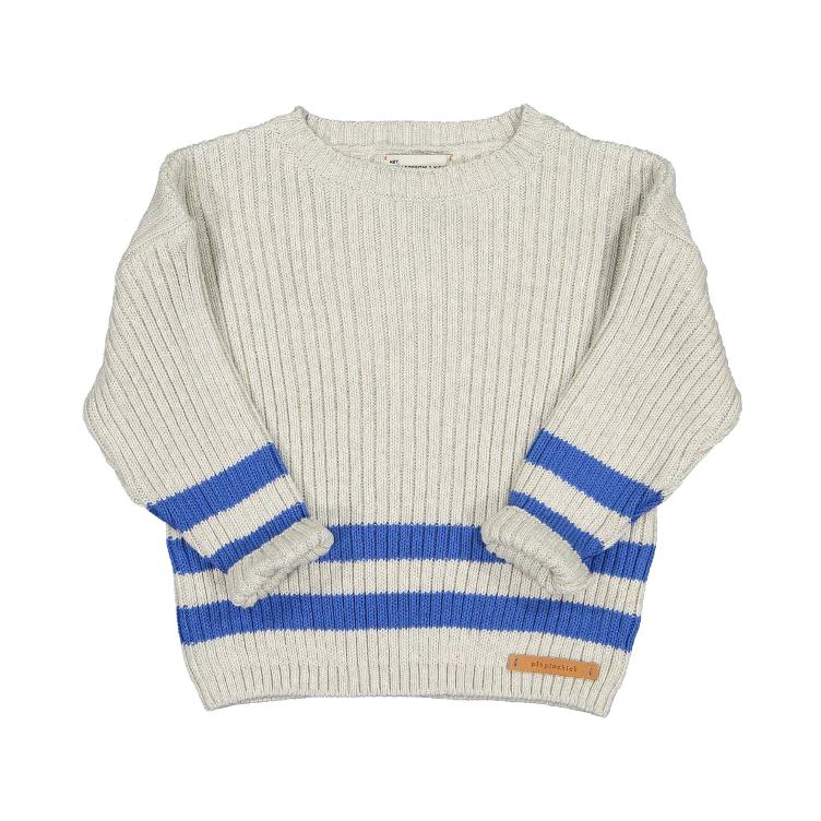 knitted ribbed sweater light grey w blue stripes