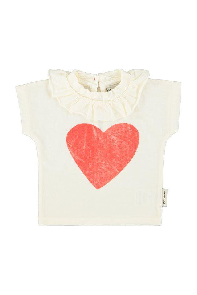 Tshirt w collar ecru w red heart print